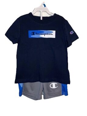 Champion Toddler Boys Blue Wave Logo Activewear 2-Piece Outfit Casual Shorts Set
